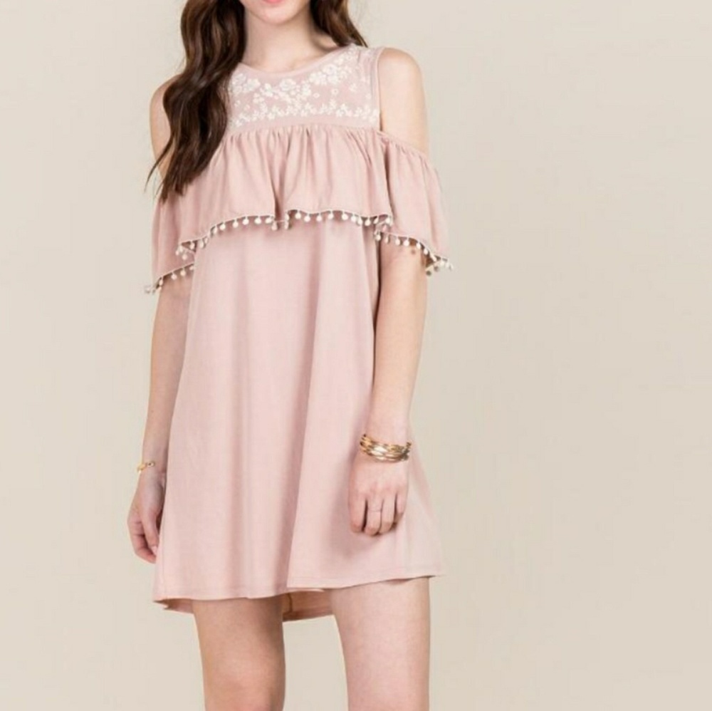 Francesca’s 🌹Cold Shoulder Pom Pom Dress - Picture 2 of 5